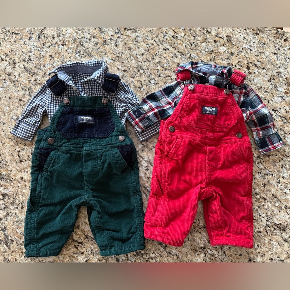 LOT of 4 OshKosh B'gosh Baby Clothes 2x Overalls with Matching Plaid Onesies 3M